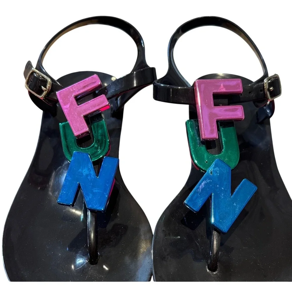 Kate Spade Women's FUN Letter Charms Fennix Black‎ Jelly Sandals 6 M